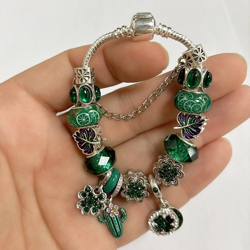 Desert Bloom: The Emerald Cactus Charm Bracelet