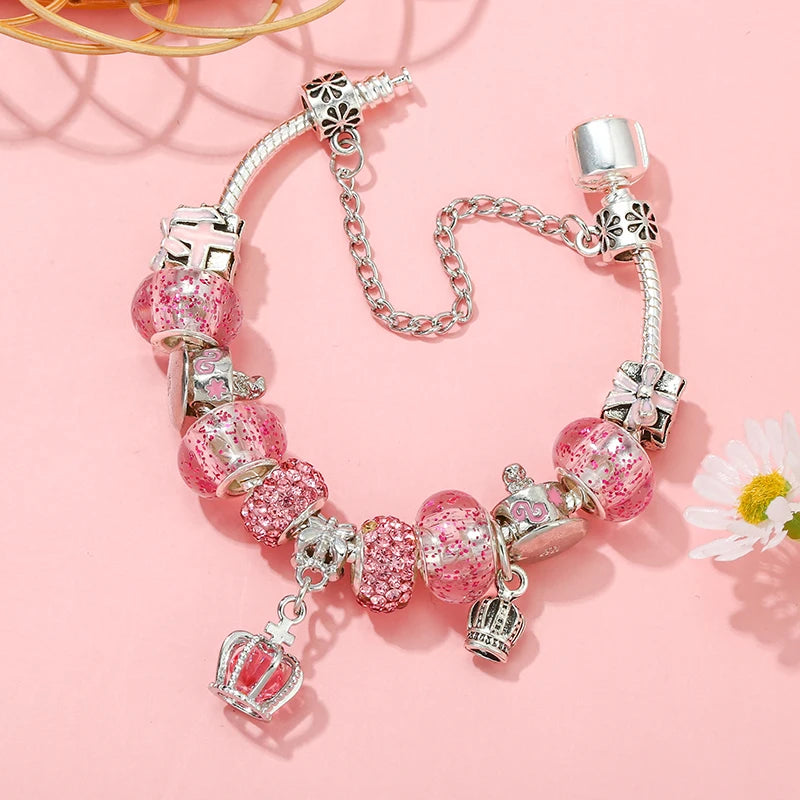 Royal Blossom: The Pink Crown Charm Bracelet