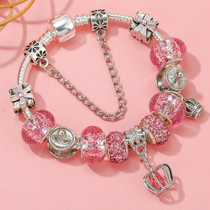 Royal Blossom: The Pink Crown Charm Bracelet