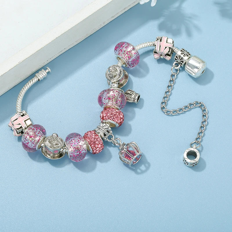 Royal Blossom: The Pink Crown Charm Bracelet