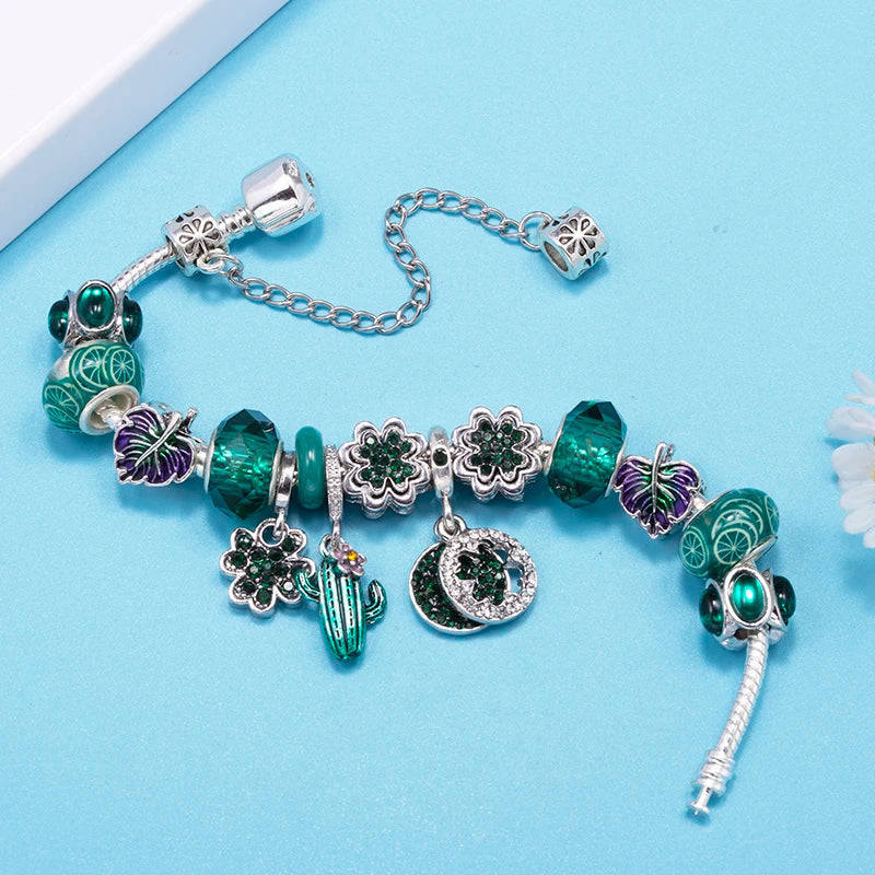 Desert Bloom: The Emerald Cactus Charm Bracelet