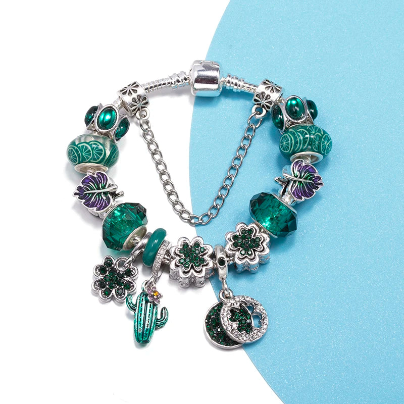 Desert Bloom: The Emerald Cactus Charm Bracelet