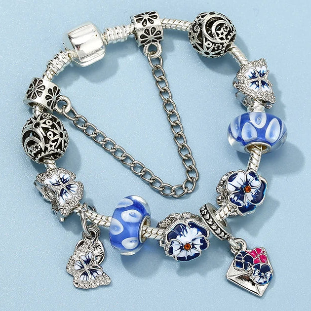 Moonlit Garden: The Blue Pansy Butterfly Charm Bracelet
