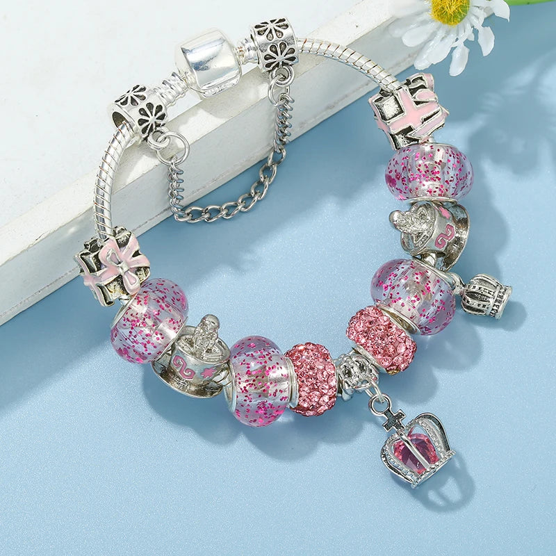 Royal Blossom: The Pink Crown Charm Bracelet